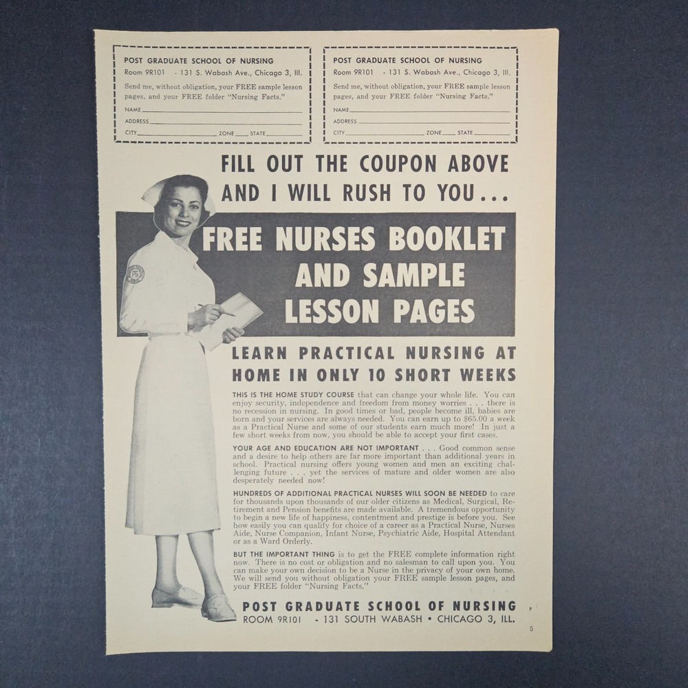 1961 Post Graduate School of Nursing 10 Weeks Course Vintage Print Ad Chicago IL